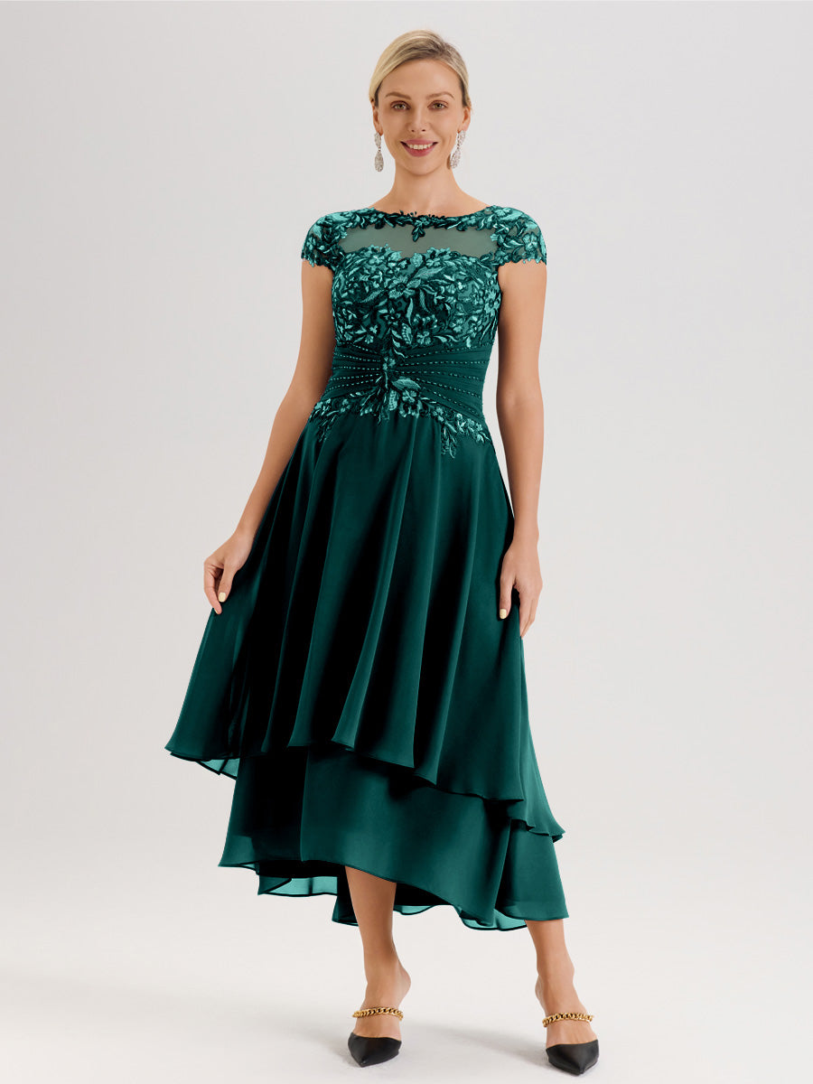 Cicinia Mère De La Mariée Couleur Paon Col Ras Du Cou Avec Jupe À Ourlet Asymétrique En Chiffon Et Dentelle Longueur Cheville