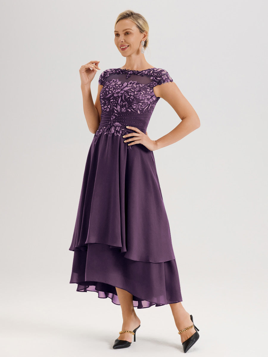 Cicinia Mère De La Mariée Plum Col Ras Du Cou Avec Jupe À Ourlet Asymétrique En Chiffon Et Dentelle Longueur Cheville