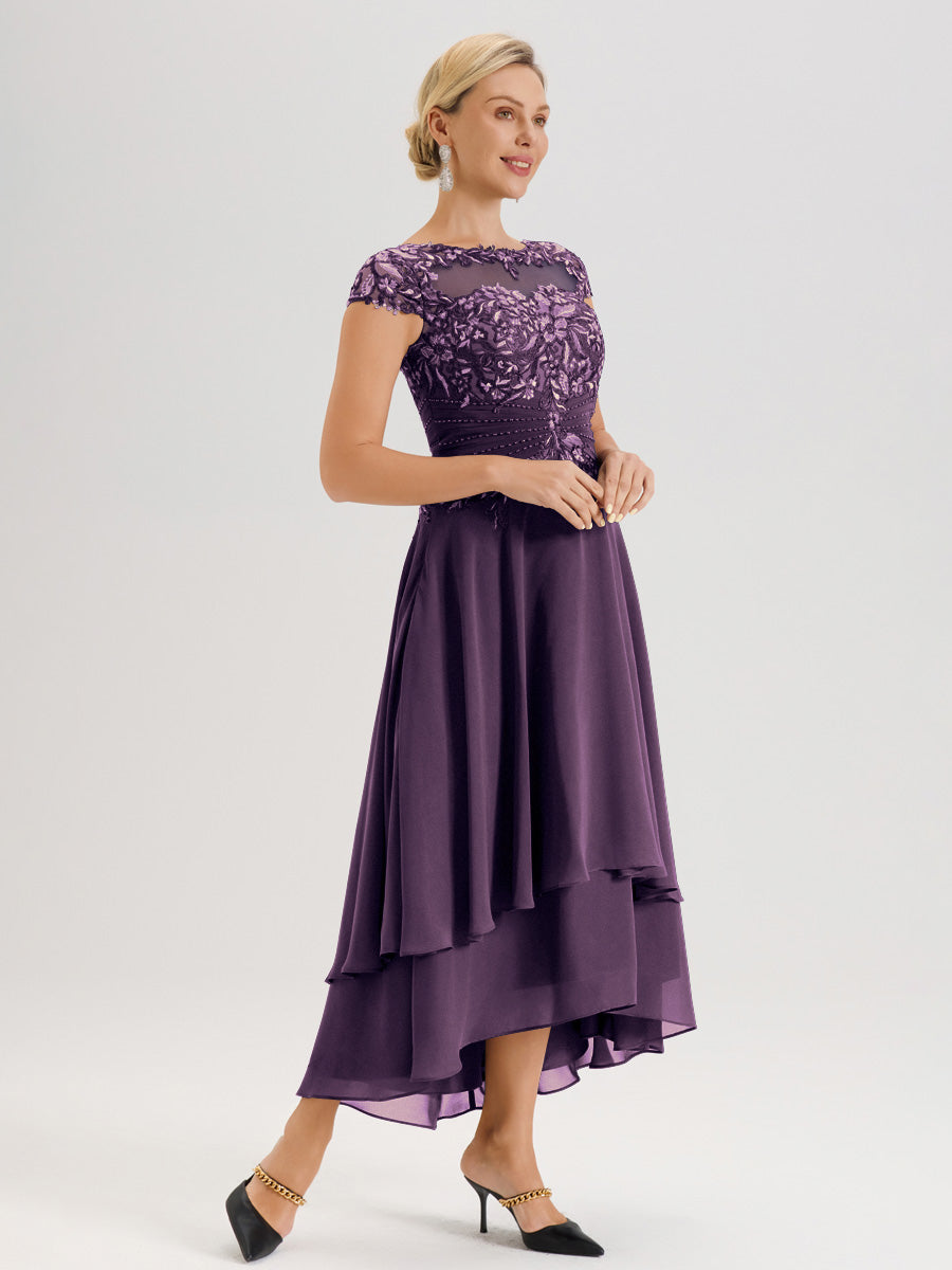 Cicinia Mère De La Mariée Plum Col Ras Du Cou Avec Jupe À Ourlet Asymétrique En Chiffon Et Dentelle Longueur Cheville