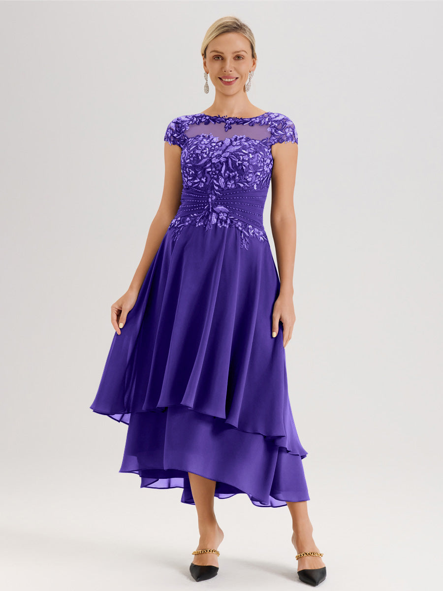 Cicinia Mère De La Mariée En Régence Col Ras Du Cou Avec Jupe À Ourlet Asymétrique En Chiffon Et Dentelle Longueur Cheville