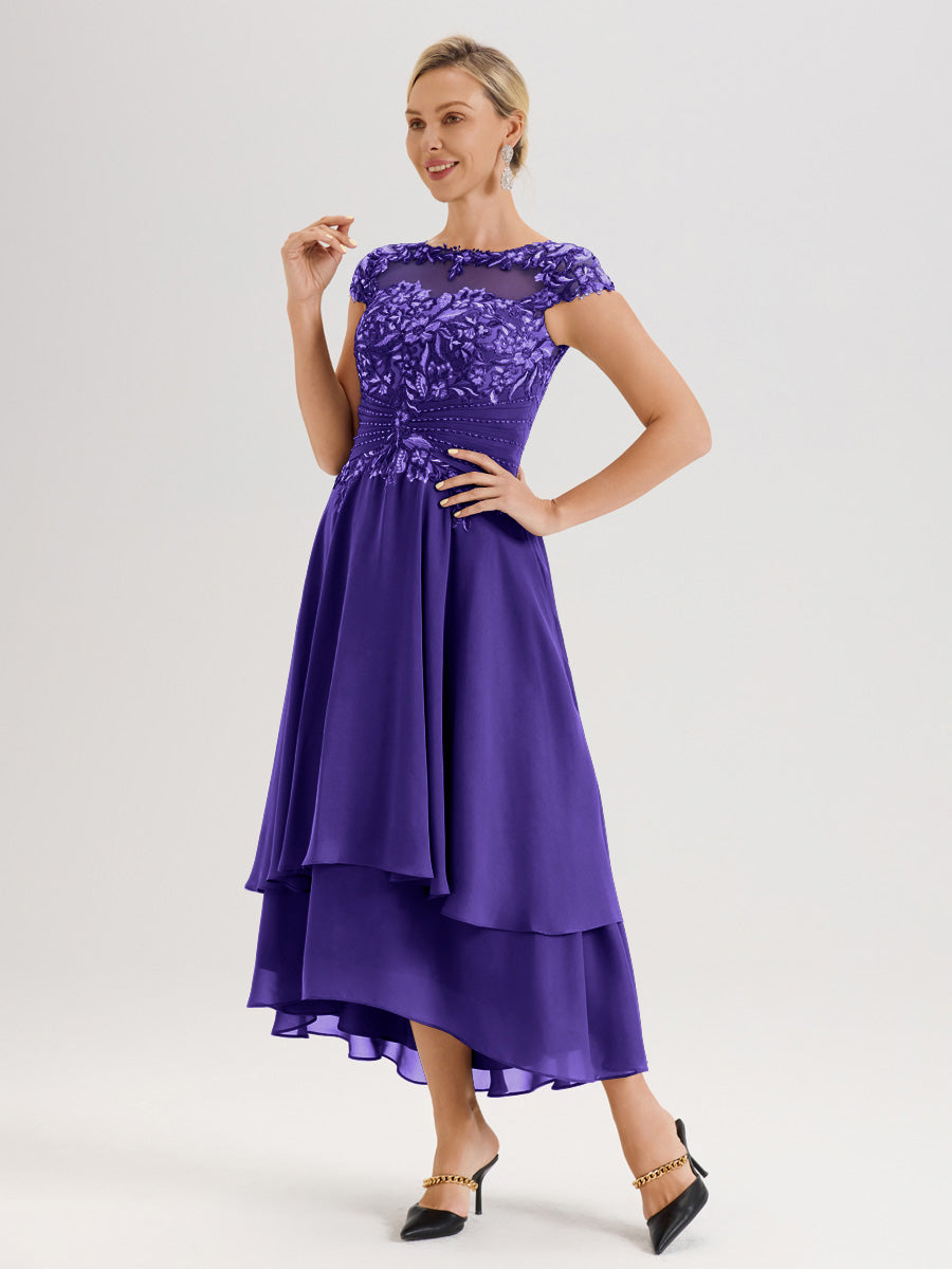 Cicinia Mère De La Mariée En Régence Col Ras Du Cou Avec Jupe À Ourlet Asymétrique En Chiffon Et Dentelle Longueur Cheville