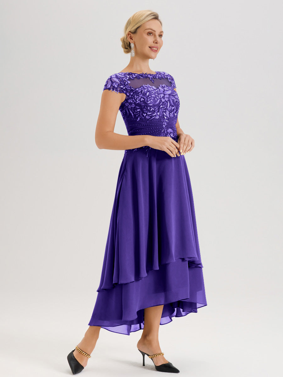 Cicinia Mère De La Mariée En Régence Col Ras Du Cou Avec Jupe À Ourlet Asymétrique En Chiffon Et Dentelle Longueur Cheville