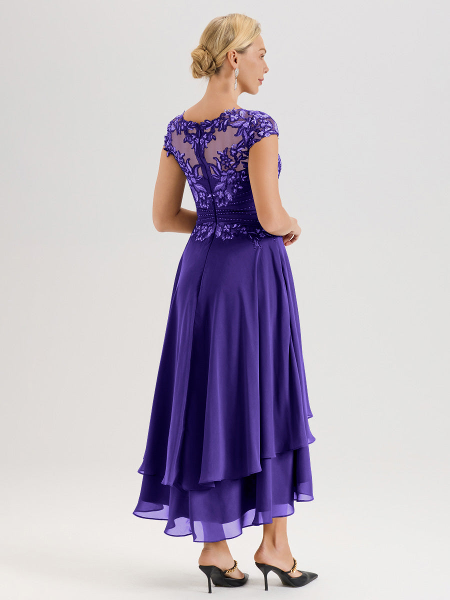 Cicinia Mère De La Mariée En Régence Col Ras Du Cou Avec Jupe À Ourlet Asymétrique En Chiffon Et Dentelle Longueur Cheville