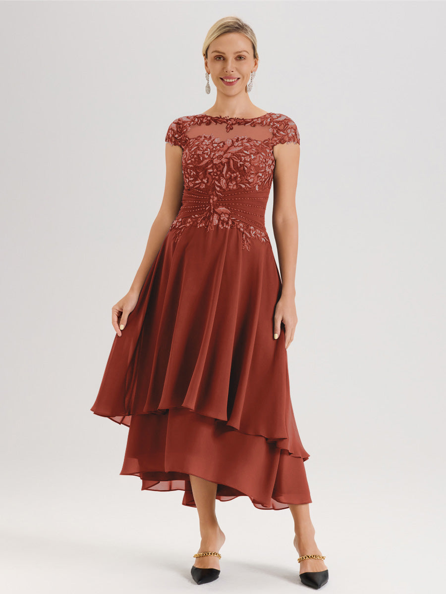 Cicinia Mère De La Mariée Rouille Col Ras Du Cou Avec Jupe À Ourlet Asymétrique En Chiffon Et Dentelle Longueur Cheville