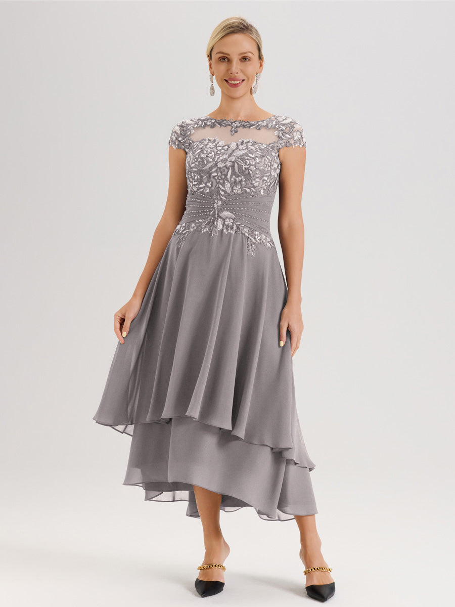 Cicinia Mère De La Mariée Argenté Col Ras Du Cou Avec Jupe À Ourlet Asymétrique En Chiffon Et Dentelle Longueur Cheville