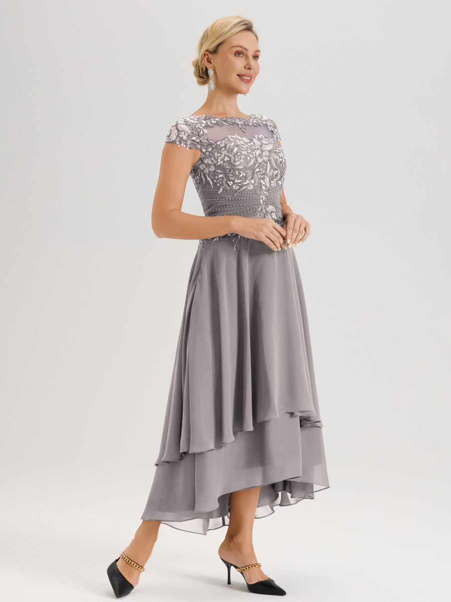 Cicinia Mère De La Mariée Argenté Col Ras Du Cou Avec Jupe À Ourlet Asymétrique En Chiffon Et Dentelle Longueur Cheville