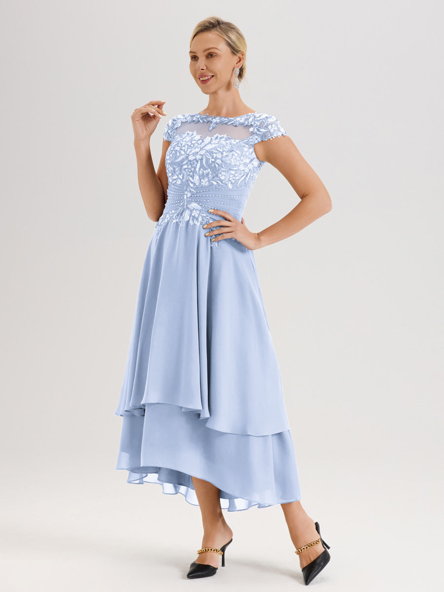 Cicinia Mère De La Mariée Bleu Ciel Col Ras Du Cou Avec Jupe À Ourlet Asymétrique En Chiffon Et Dentelle Longueur Cheville