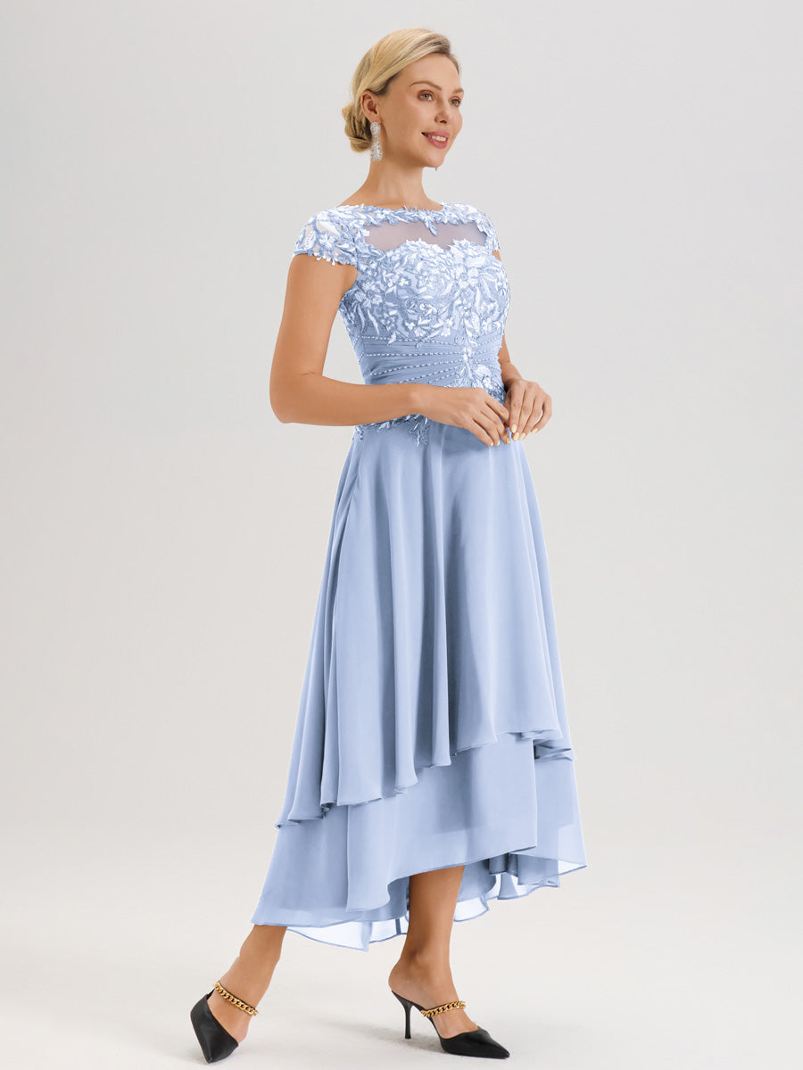 Cicinia Mère De La Mariée Bleu Ciel Col Ras Du Cou Avec Jupe À Ourlet Asymétrique En Chiffon Et Dentelle Longueur Cheville