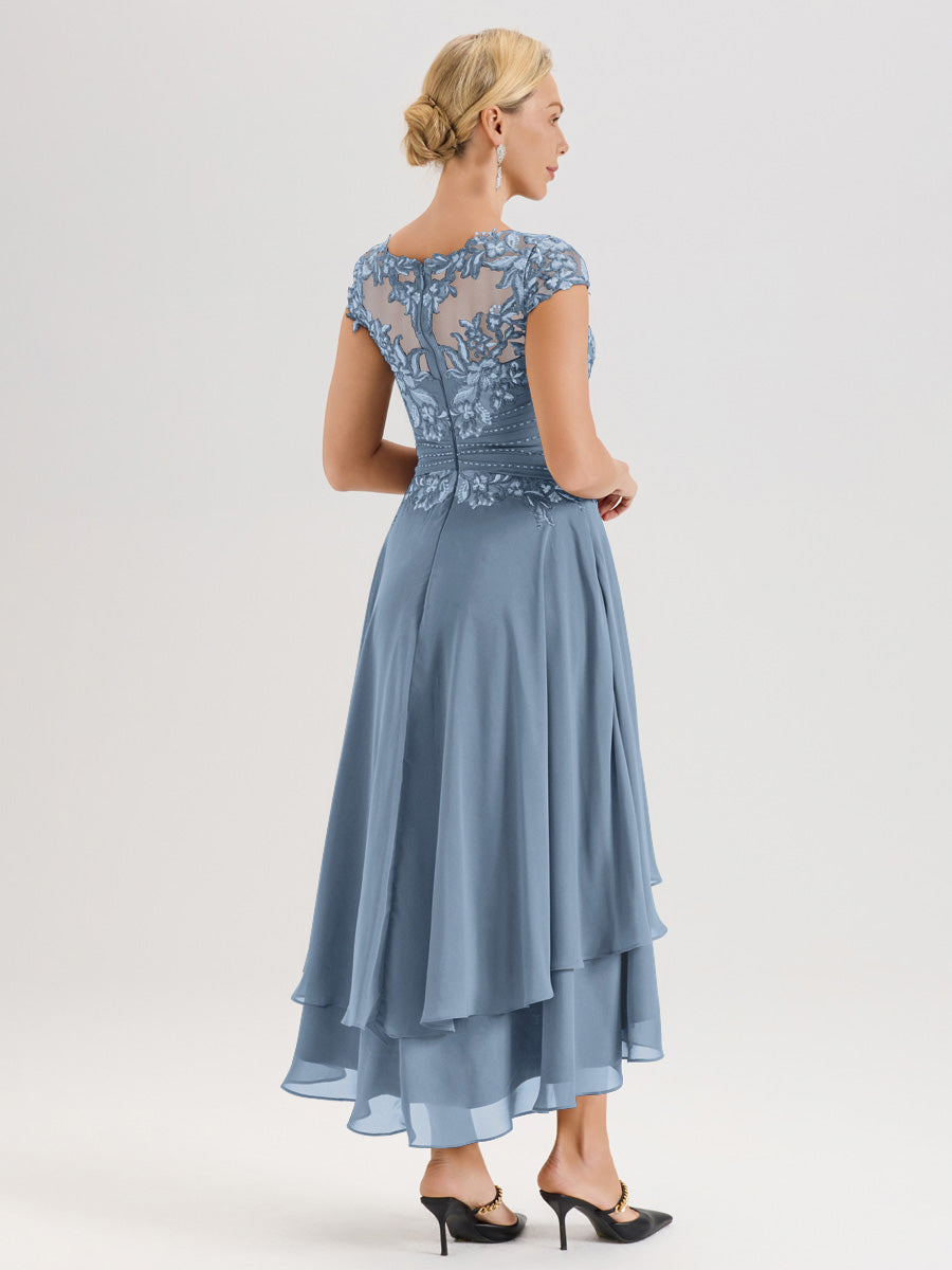 Cicinia Mère De La Mariée Bleu De Schiste Col Ras Du Cou Avec Jupe À Ourlet Asymétrique En Chiffon Et Dentelle Longueur Cheville