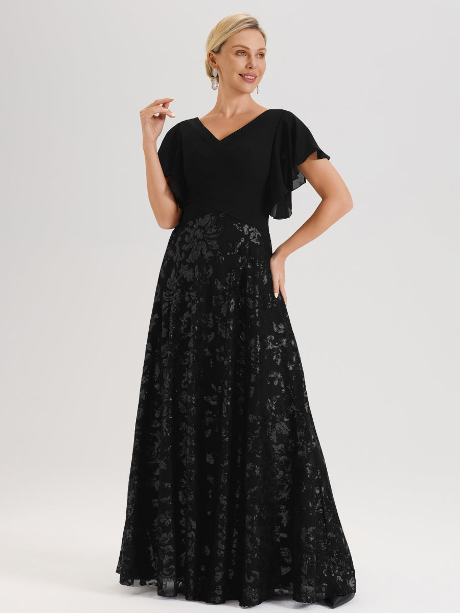 Cicinia Robe Mère De La Mariée Noir Longueur Au Sol En Chiffon Et Dentelle Décolleté En V À Manches Courtes Volantées Silhouette A-Line