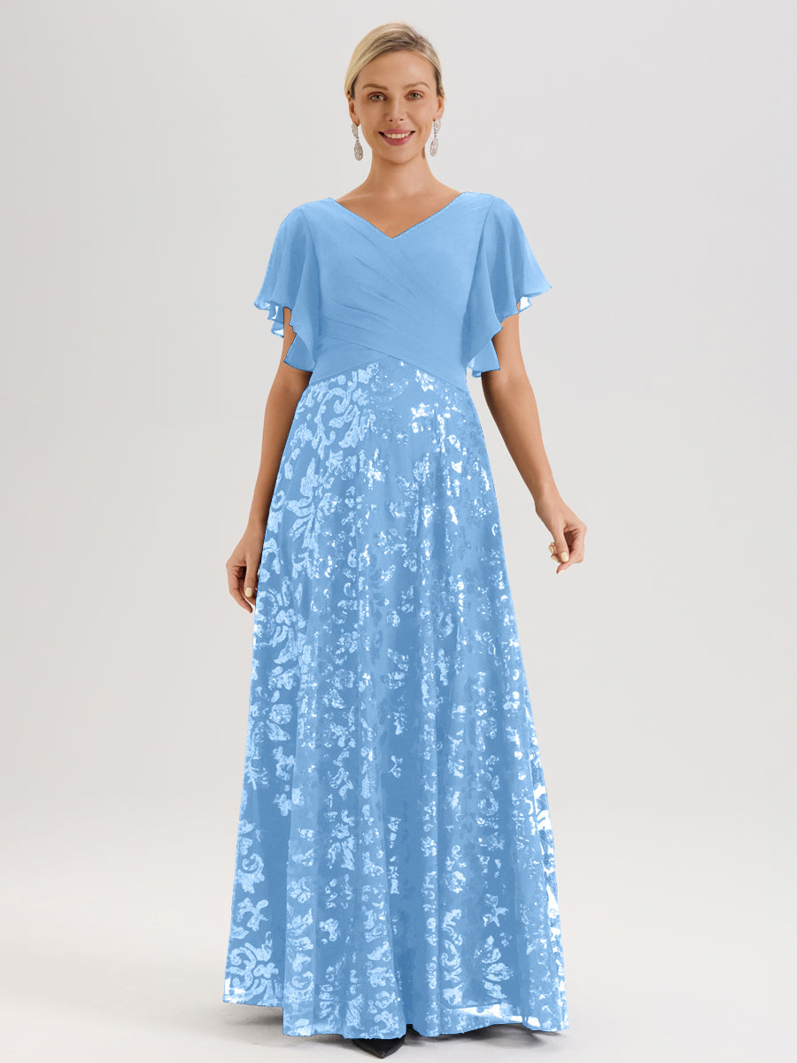 Cicinia Robe Mère De La Mariée Bleu Longueur Au Sol En Chiffon Et Dentelle Décolleté En V À Manches Courtes Volantées Silhouette A-Line