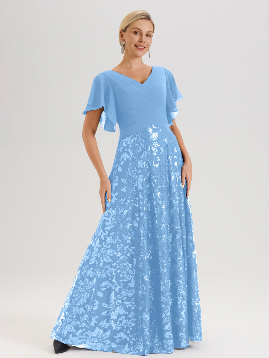 Cicinia Robe Mère De La Mariée Bleu Longueur Au Sol En Chiffon Et Dentelle Décolleté En V À Manches Courtes Volantées Silhouette A-Line