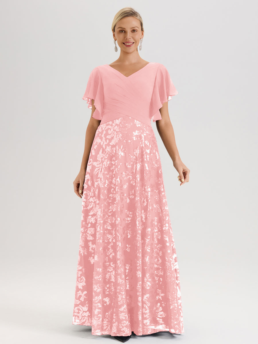 Cicinia Robe Mère De La Mariée En Rose Longueur Au Sol En Chiffon Et Dentelle Décolleté En V À Manches Courtes Volantées Silhouette A-Line