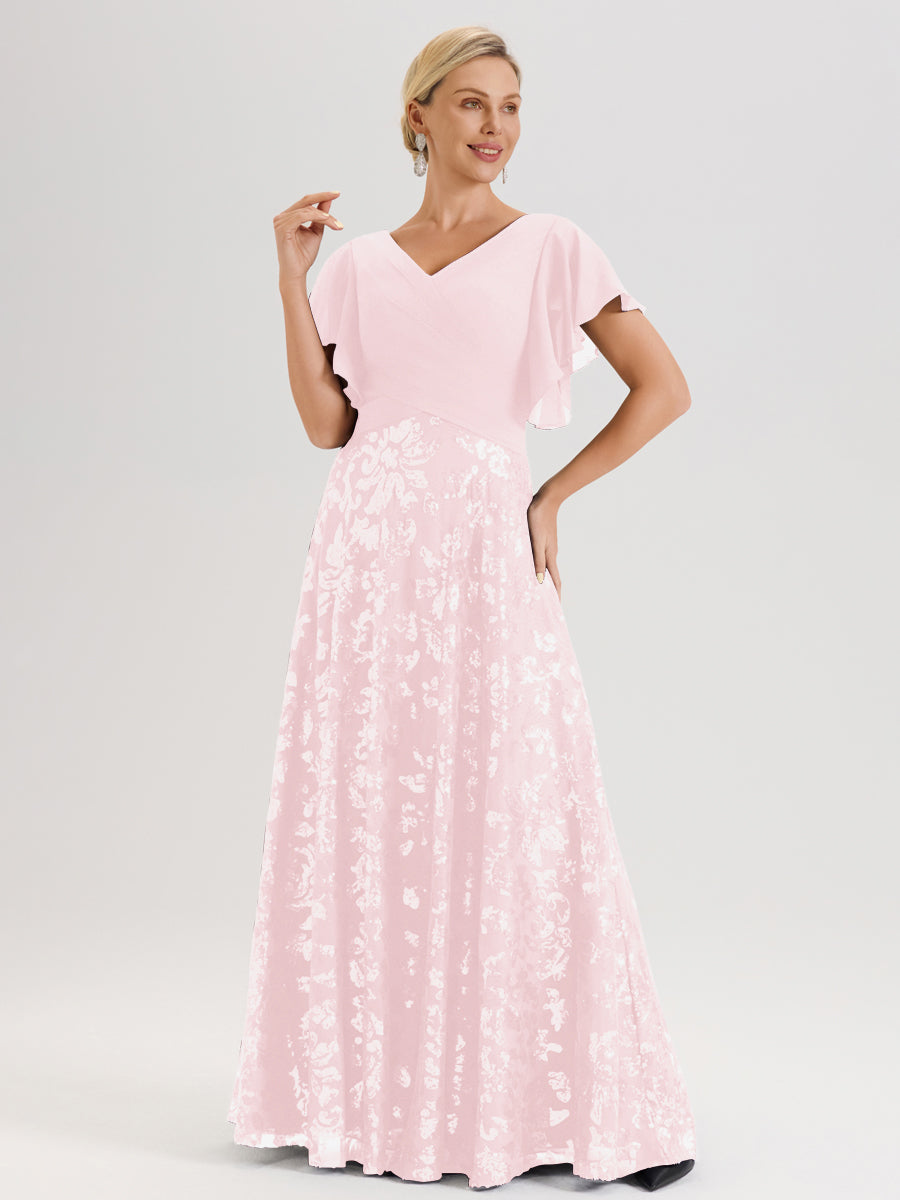 Cicinia Robe Mère De La Mariée Rose Pale Longueur Au Sol En Chiffon Et Dentelle Décolleté En V À Manches Courtes Volantées Silhouette A-Line
