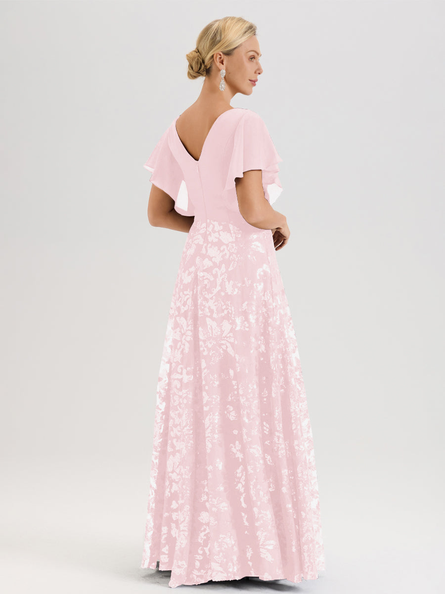Cicinia Robe Mère De La Mariée Rose Pale Longueur Au Sol En Chiffon Et Dentelle Décolleté En V À Manches Courtes Volantées Silhouette A-Line