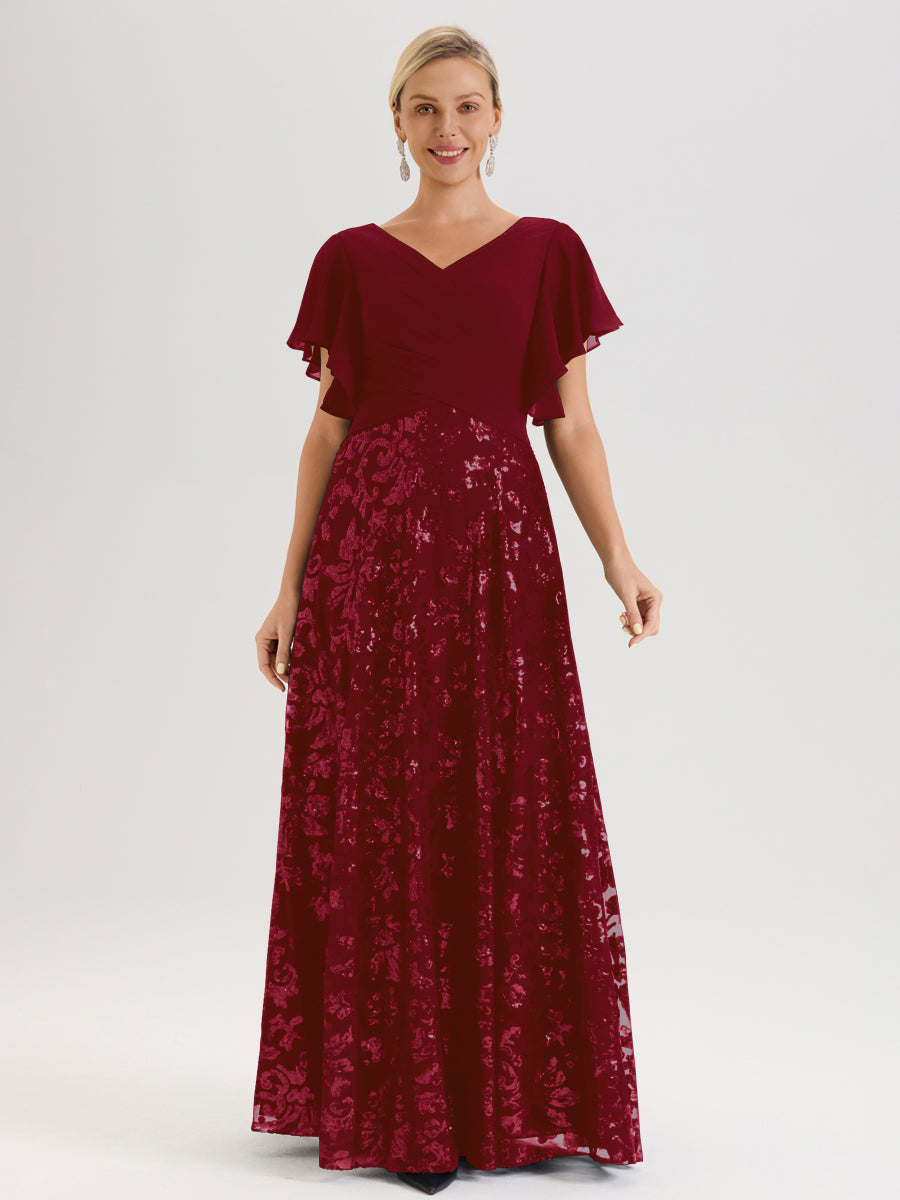 Cicinia Robe Mère De La Mariée Rouge Bordeaux Longueur Au Sol En Chiffon Et Dentelle Décolleté En V À Manches Courtes Volantées Silhouette A-Line