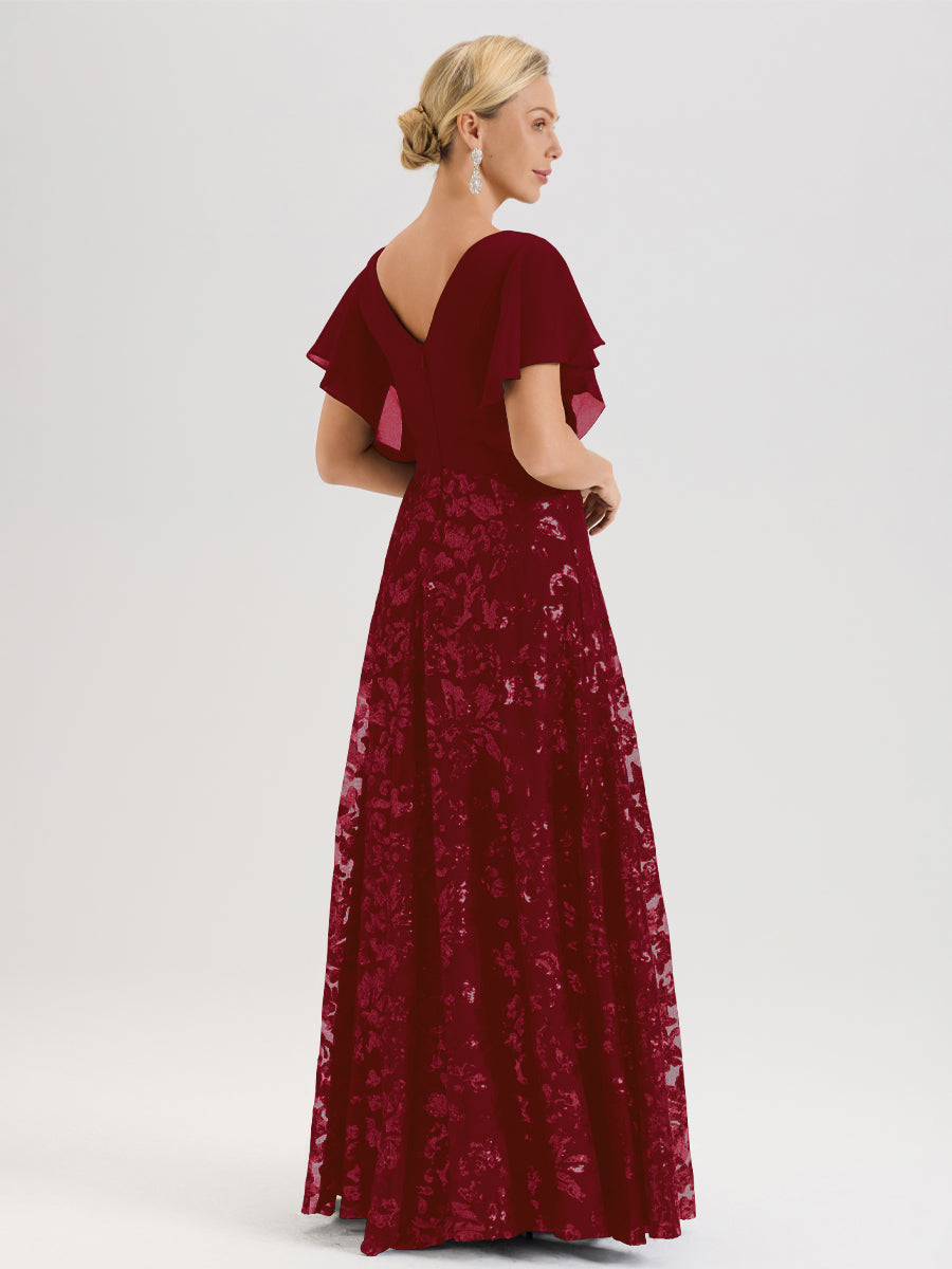 Cicinia Robe Mère De La Mariée Rouge Bordeaux Longueur Au Sol En Chiffon Et Dentelle Décolleté En V À Manches Courtes Volantées Silhouette A-Line