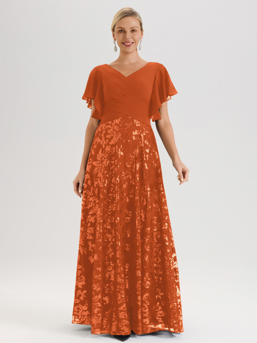 Cicinia Robe Mère De La Mariée Orange Brûlé Longueur Au Sol En Chiffon Et Dentelle Décolleté En V À Manches Courtes Volantées Silhouette A-Line