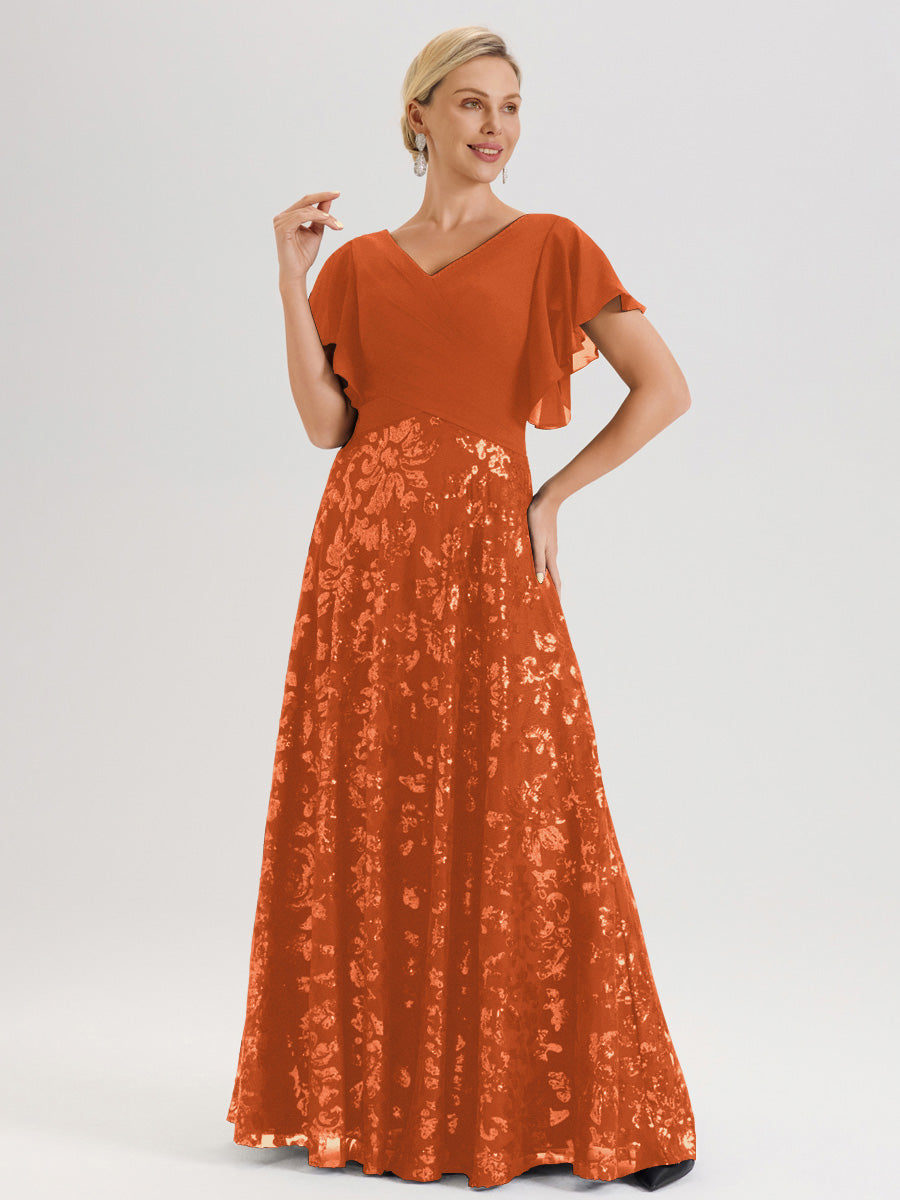Cicinia Robe Mère De La Mariée Orange Brûlé Longueur Au Sol En Chiffon Et Dentelle Décolleté En V À Manches Courtes Volantées Silhouette A-Line