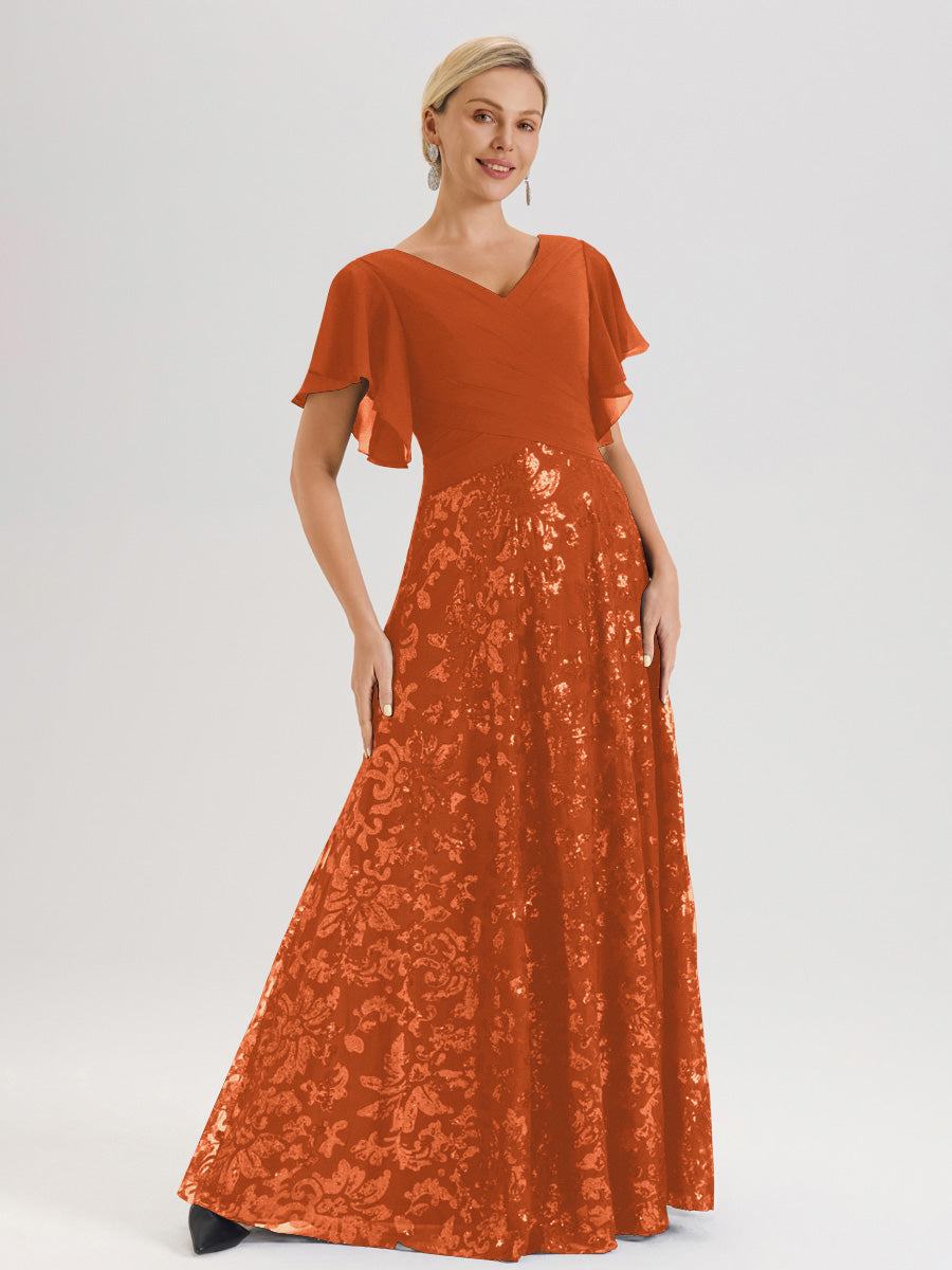 Cicinia Robe Mère De La Mariée Orange Brûlé Longueur Au Sol En Chiffon Et Dentelle Décolleté En V À Manches Courtes Volantées Silhouette A-Line