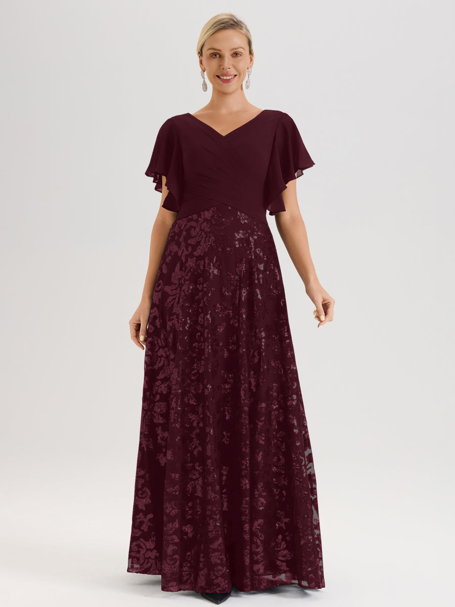 Cicinia Robe Mère De La Mariée Cabernet Longueur Au Sol En Chiffon Et Dentelle Décolleté En V À Manches Courtes Volantées Silhouette A-Line