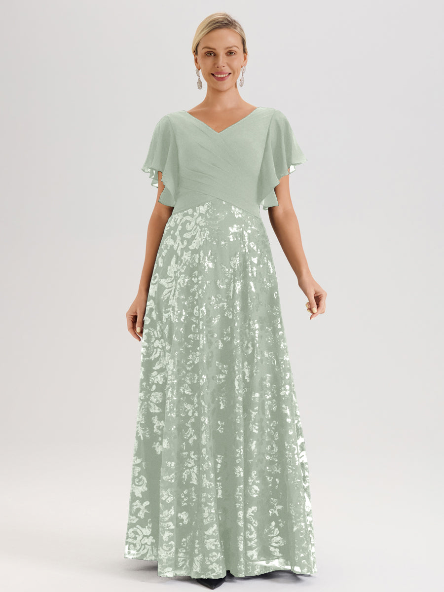 Cicinia Robe Mère De La Mariée Celadon Longueur Au Sol En Chiffon Et Dentelle Décolleté En V À Manches Courtes Volantées Silhouette A-Line