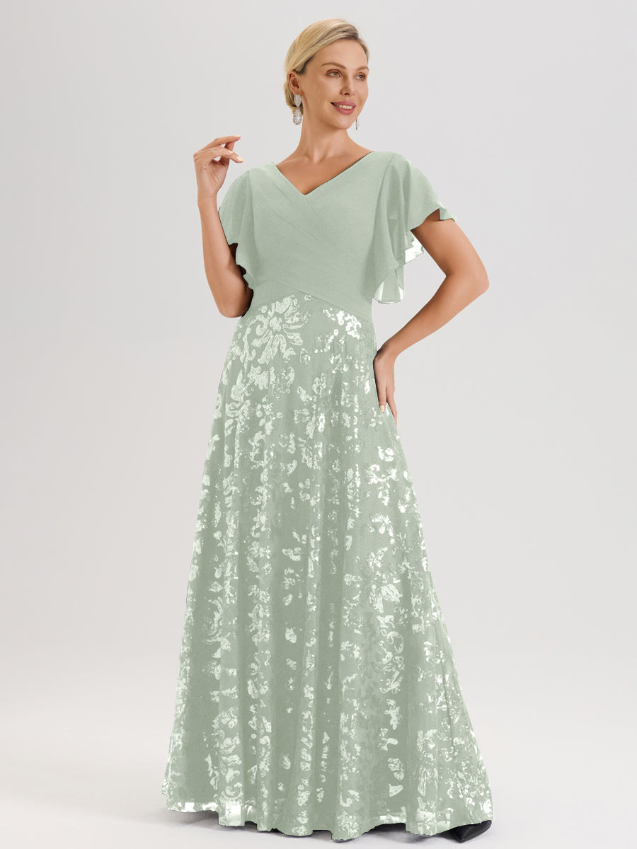 Cicinia Robe Mère De La Mariée Celadon Longueur Au Sol En Chiffon Et Dentelle Décolleté En V À Manches Courtes Volantées Silhouette A-Line