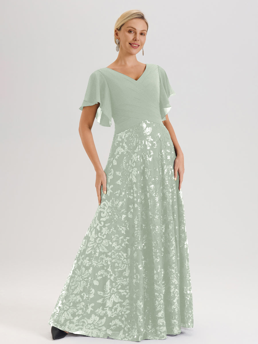 Cicinia Robe Mère De La Mariée Celadon Longueur Au Sol En Chiffon Et Dentelle Décolleté En V À Manches Courtes Volantées Silhouette A-Line