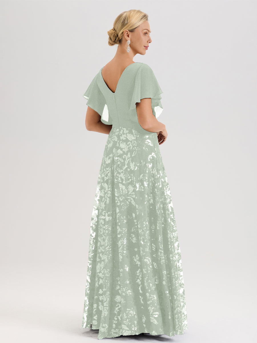 Cicinia Robe Mère De La Mariée Celadon Longueur Au Sol En Chiffon Et Dentelle Décolleté En V À Manches Courtes Volantées Silhouette A-Line