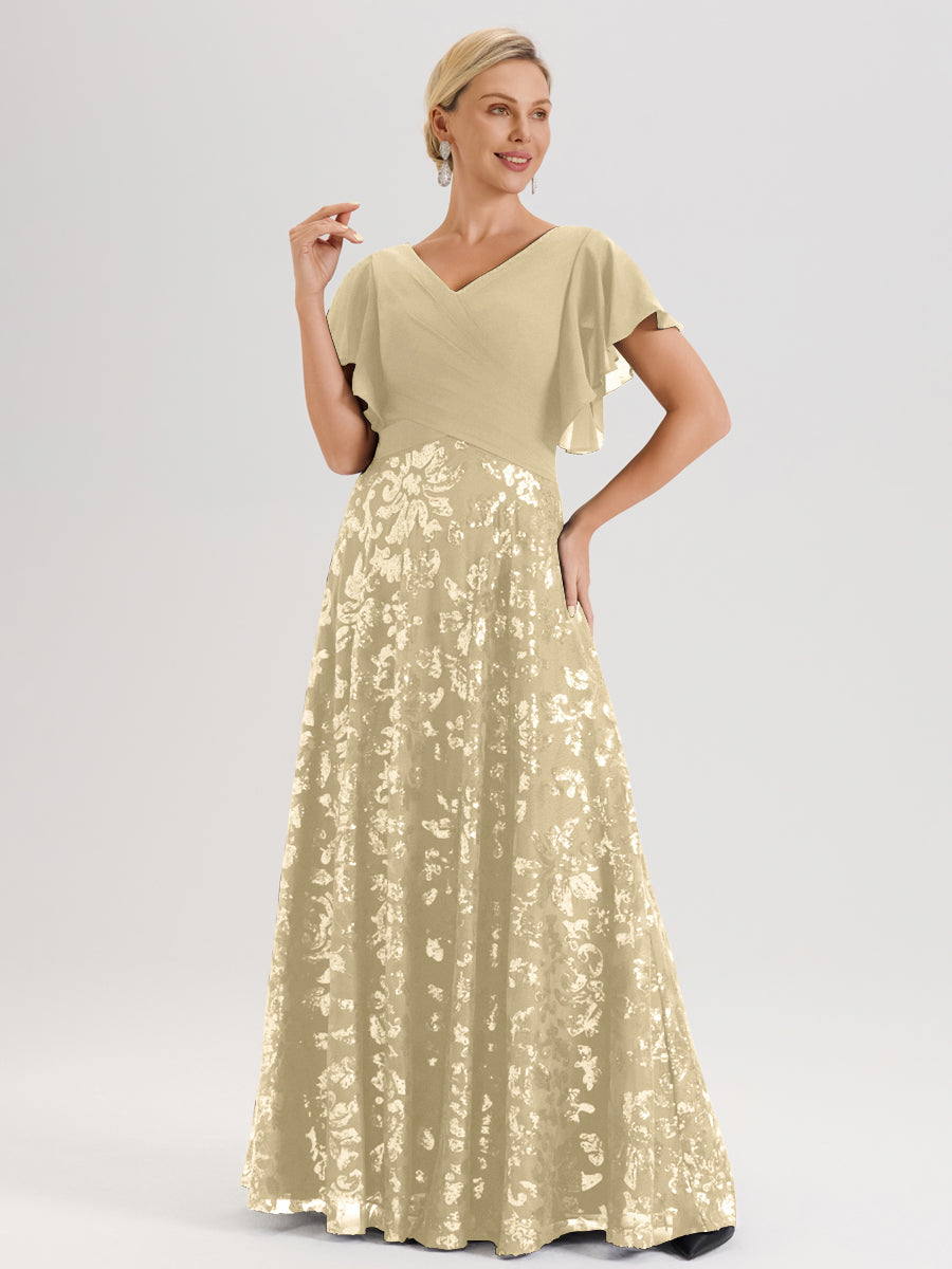 Cicinia Robe Mère De La Mariée Couleur Champagne Longueur Au Sol En Chiffon Et Dentelle Décolleté En V À Manches Courtes Volantées Silhouette A-Line