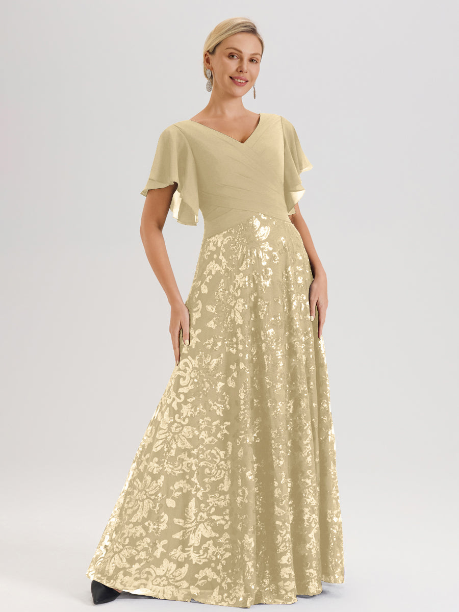 Cicinia Robe Mère De La Mariée Couleur Champagne Longueur Au Sol En Chiffon Et Dentelle Décolleté En V À Manches Courtes Volantées Silhouette A-Line