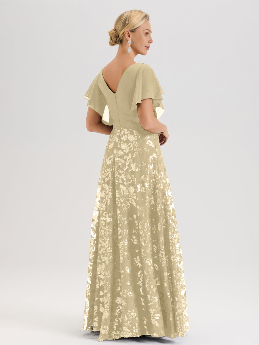Cicinia Robe Mère De La Mariée Couleur Champagne Longueur Au Sol En Chiffon Et Dentelle Décolleté En V À Manches Courtes Volantées Silhouette A-Line