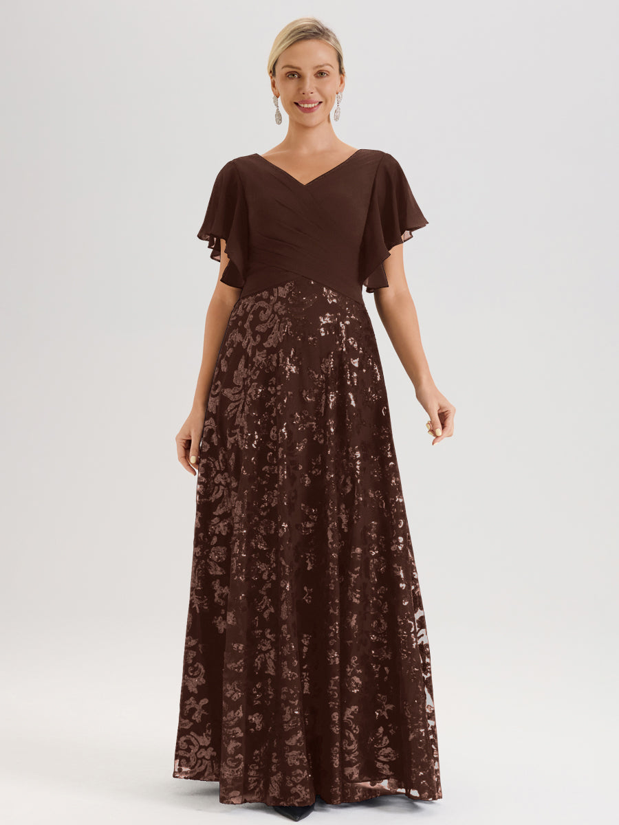 Cicinia Robe Mère De La Mariée Chocolate Longueur Au Sol En Chiffon Et Dentelle Décolleté En V À Manches Courtes Volantées Silhouette A-Line