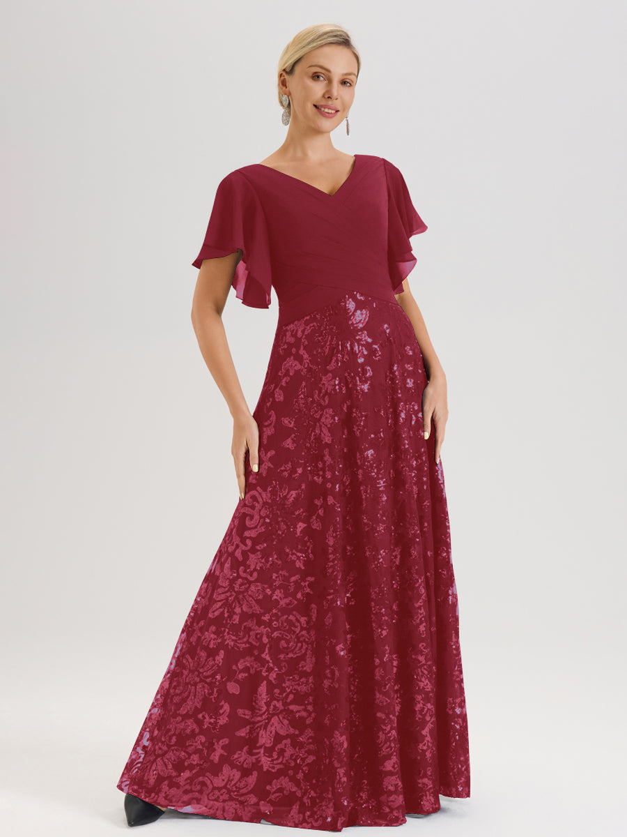 Cicinia Robe Mère De La Mariée Couleur Rose Cannelle Longueur Au Sol En Chiffon Et Dentelle Décolleté En V À Manches Courtes Volantées Silhouette A-Line