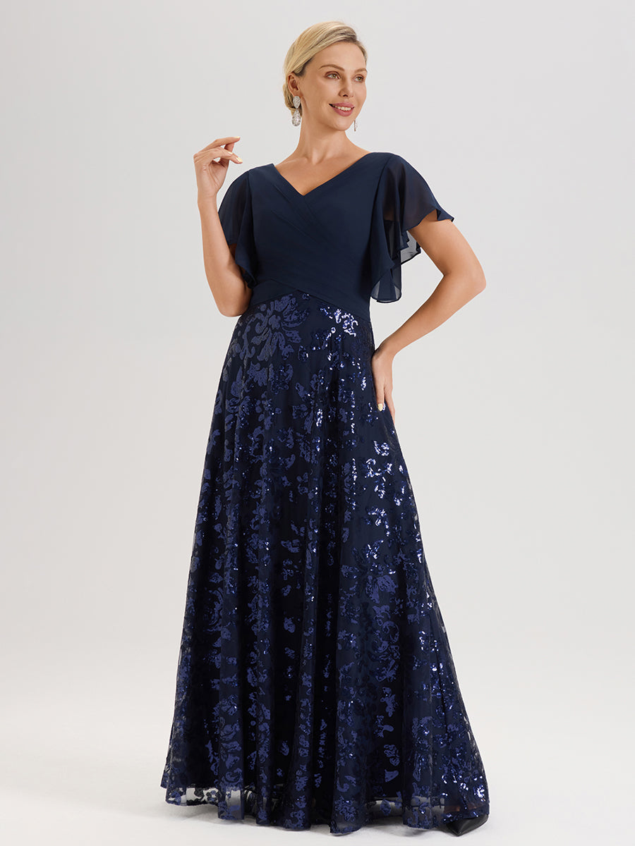Cicinia Robe Mère De La Mariée Bleu Marine Longueur Au Sol En Chiffon Et Dentelle Décolleté En V À Manches Courtes Volantées Silhouette A-Line