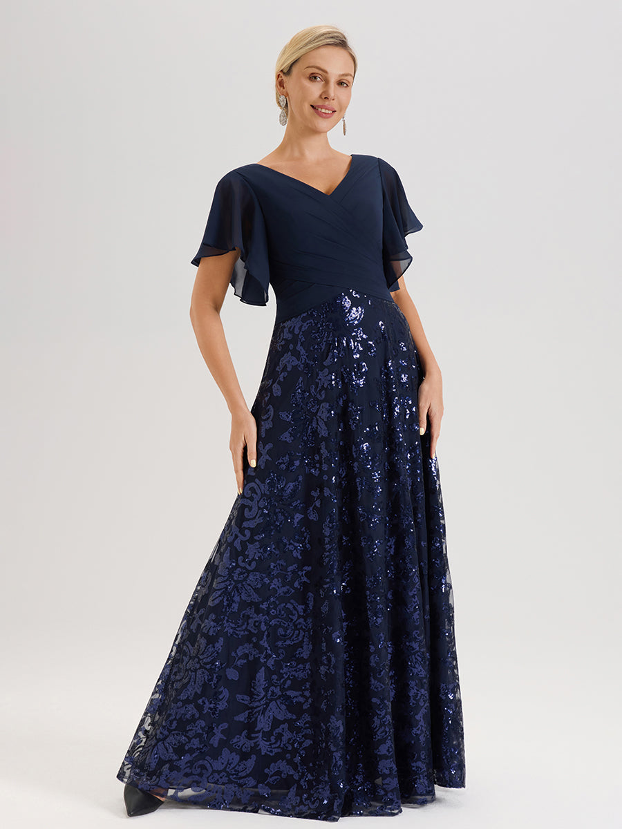 Cicinia Robe Mère De La Mariée Bleu Marine Longueur Au Sol En Chiffon Et Dentelle Décolleté En V À Manches Courtes Volantées Silhouette A-Line