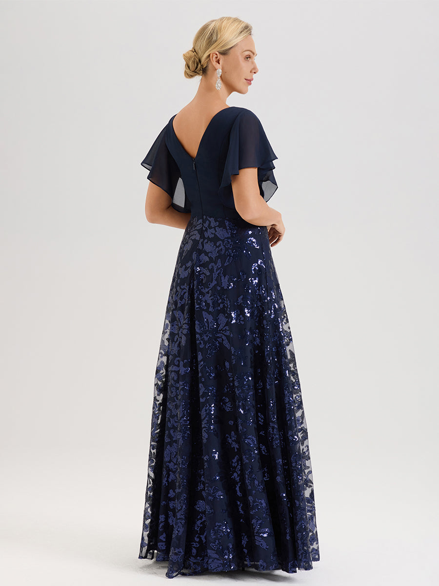 Cicinia Robe Mère De La Mariée Bleu Marine Longueur Au Sol En Chiffon Et Dentelle Décolleté En V À Manches Courtes Volantées Silhouette A-Line