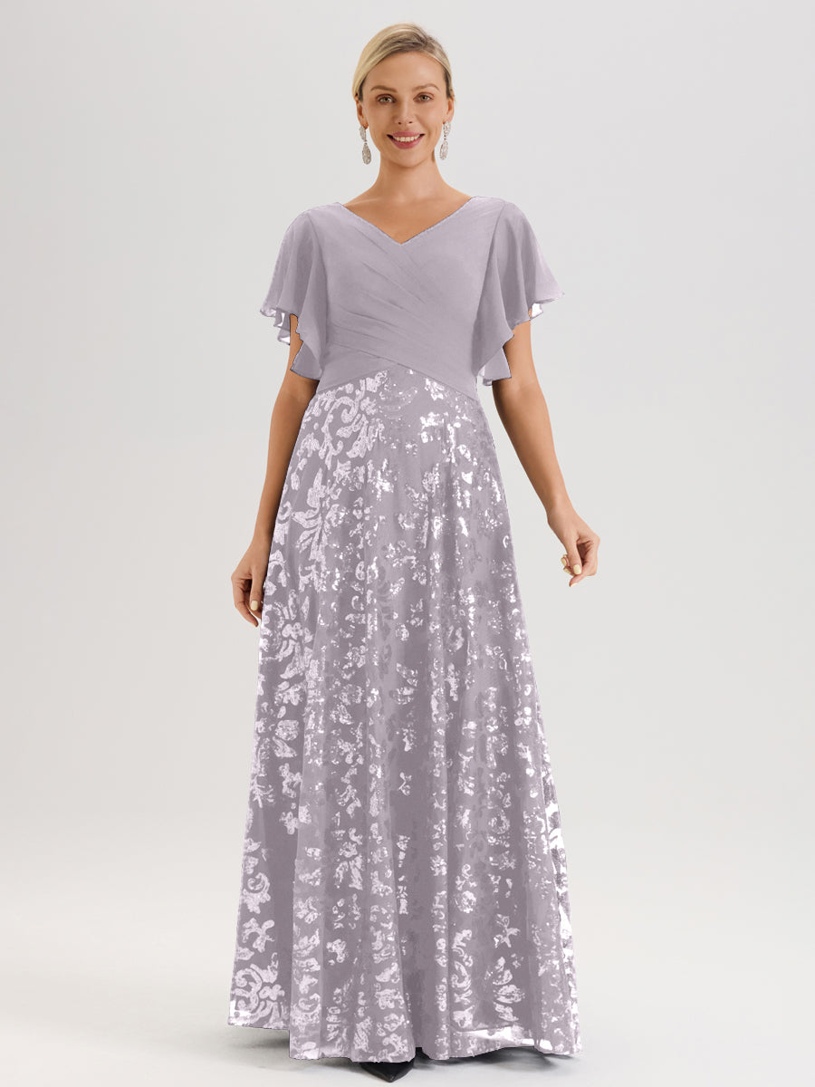 Cicinia Robe Mère De La Mariée Couleur Crépuscule Longueur Au Sol En Chiffon Et Dentelle Décolleté En V À Manches Courtes Volantées Silhouette A-Line