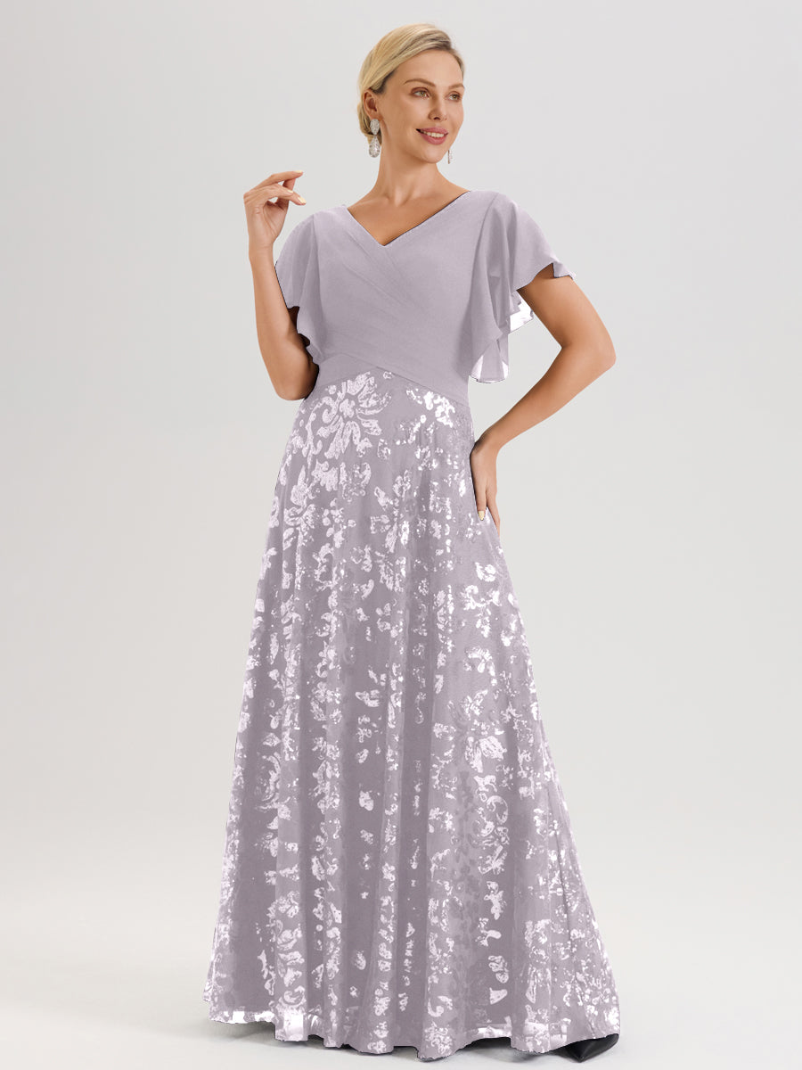 Cicinia Robe Mère De La Mariée Couleur Crépuscule Longueur Au Sol En Chiffon Et Dentelle Décolleté En V À Manches Courtes Volantées Silhouette A-Line