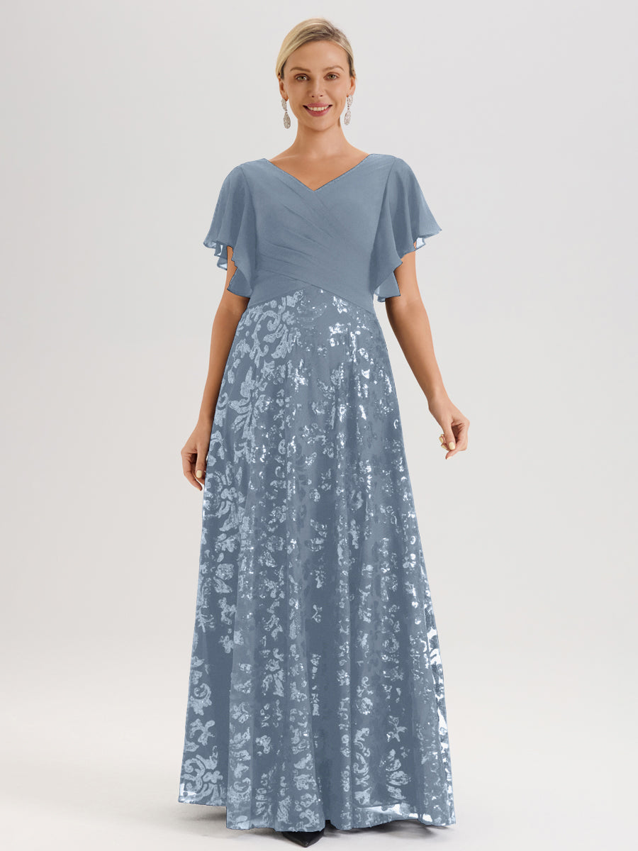 Cicinia Robe Mère De La Mariée Bleu Poussiéreux Longueur Au Sol En Chiffon Et Dentelle Décolleté En V À Manches Courtes Volantées Silhouette A-Line