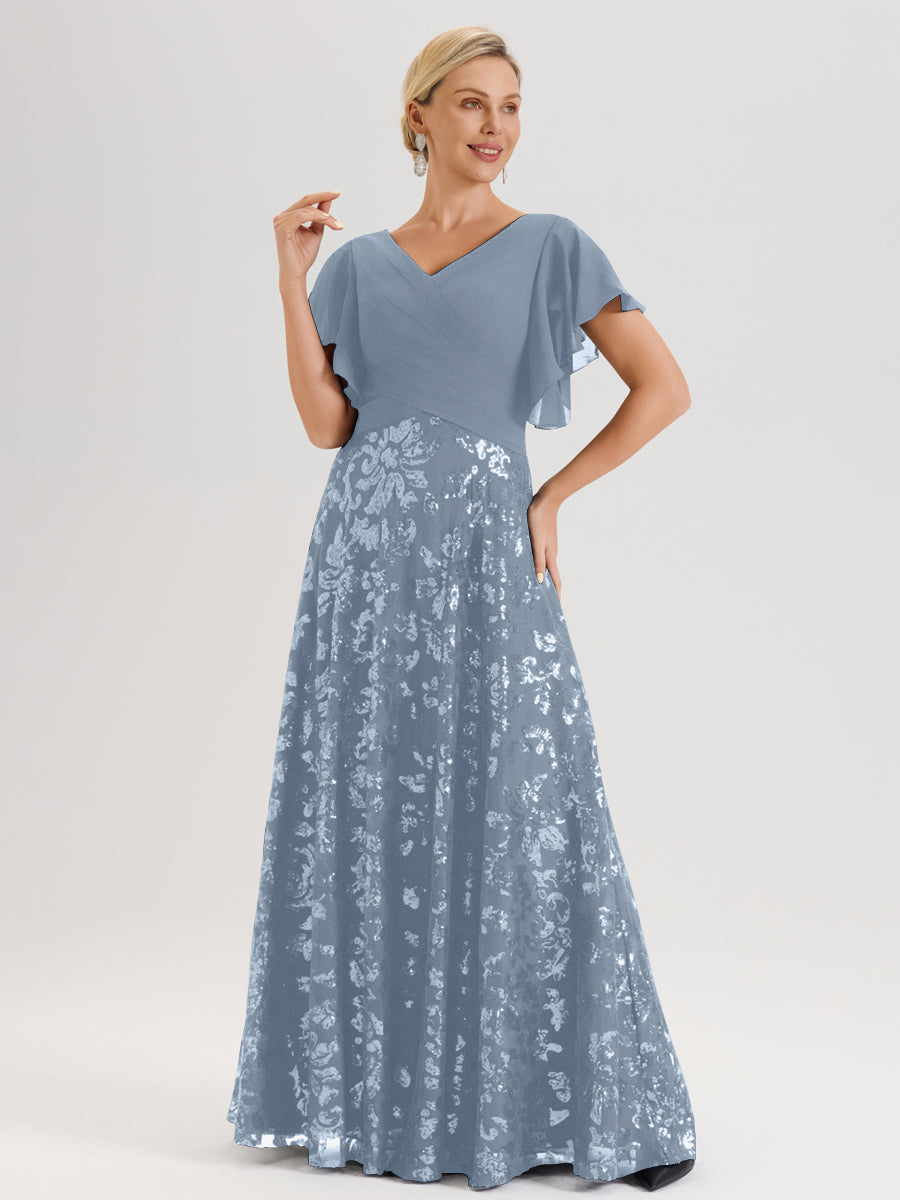 Cicinia Robe Mère De La Mariée Bleu Poussiéreux Longueur Au Sol En Chiffon Et Dentelle Décolleté En V À Manches Courtes Volantées Silhouette A-Line