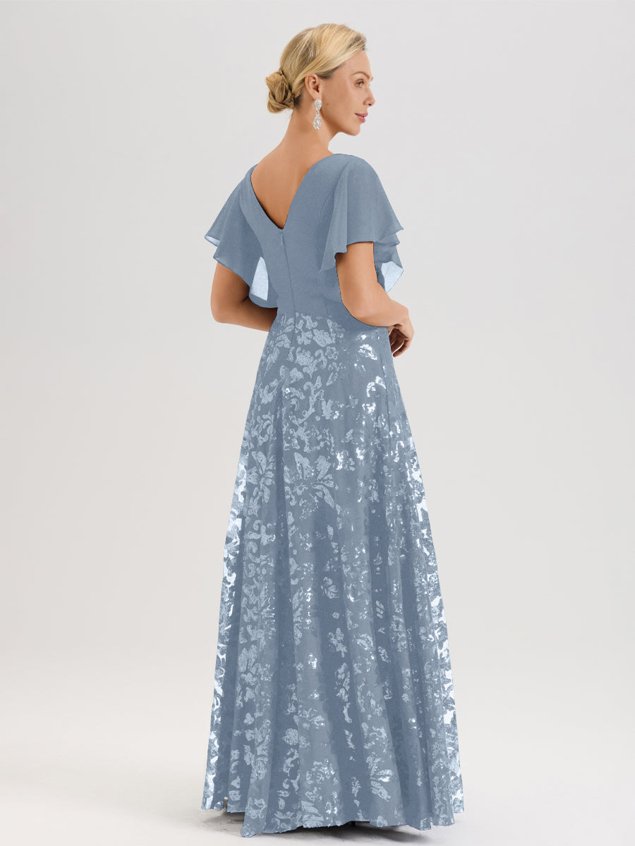 Cicinia Robe Mère De La Mariée Bleu Poussiéreux Longueur Au Sol En Chiffon Et Dentelle Décolleté En V À Manches Courtes Volantées Silhouette A-Line