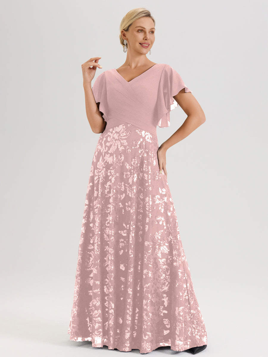 Cicinia Robe Mère De La Mariée Rose Poussiéreux Longueur Au Sol En Chiffon Et Dentelle Décolleté En V À Manches Courtes Volantées Silhouette A-Line