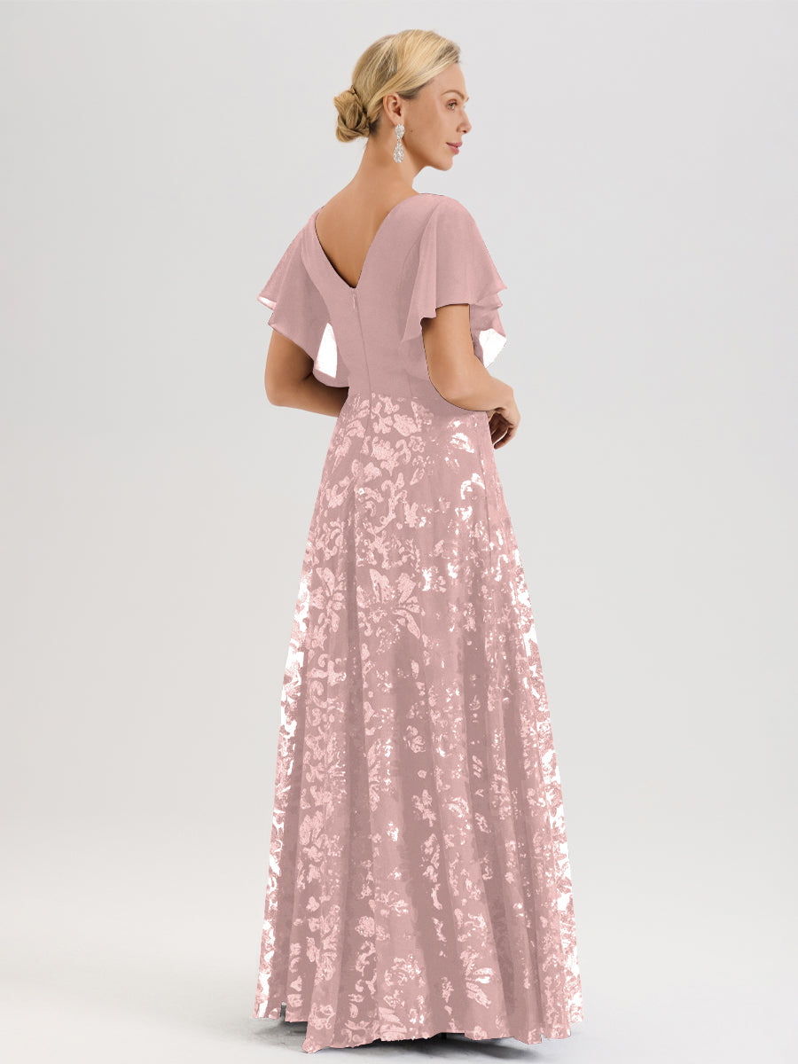 Cicinia Robe Mère De La Mariée Rose Poussiéreux Longueur Au Sol En Chiffon Et Dentelle Décolleté En V À Manches Courtes Volantées Silhouette A-Line