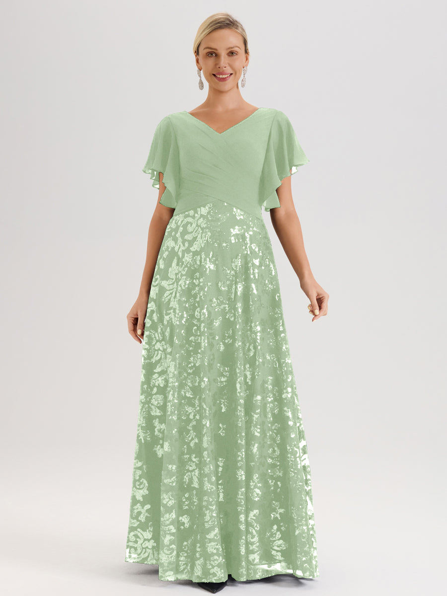 Cicinia Robe Mère De La Mariée De Sauge Poussiéreux Longueur Au Sol En Chiffon Et Dentelle Décolleté En V À Manches Courtes Volantées Silhouette A-Line