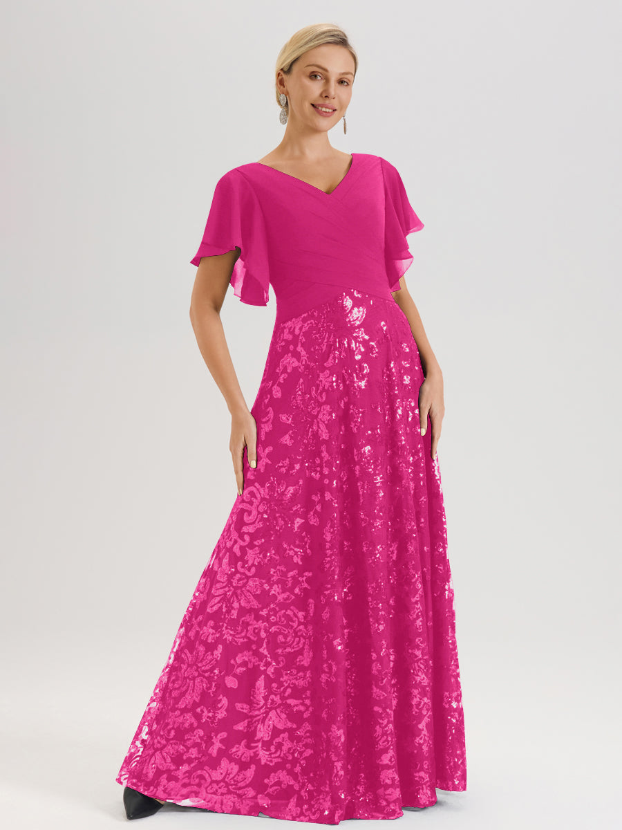 Cicinia Robe Mère De La Mariée Fuchsia Longueur Au Sol En Chiffon Et Dentelle Décolleté En V À Manches Courtes Volantées Silhouette A-Line