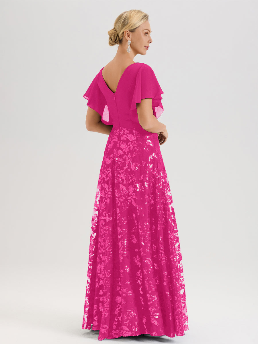 Cicinia Robe Mère De La Mariée Fuchsia Longueur Au Sol En Chiffon Et Dentelle Décolleté En V À Manches Courtes Volantées Silhouette A-Line