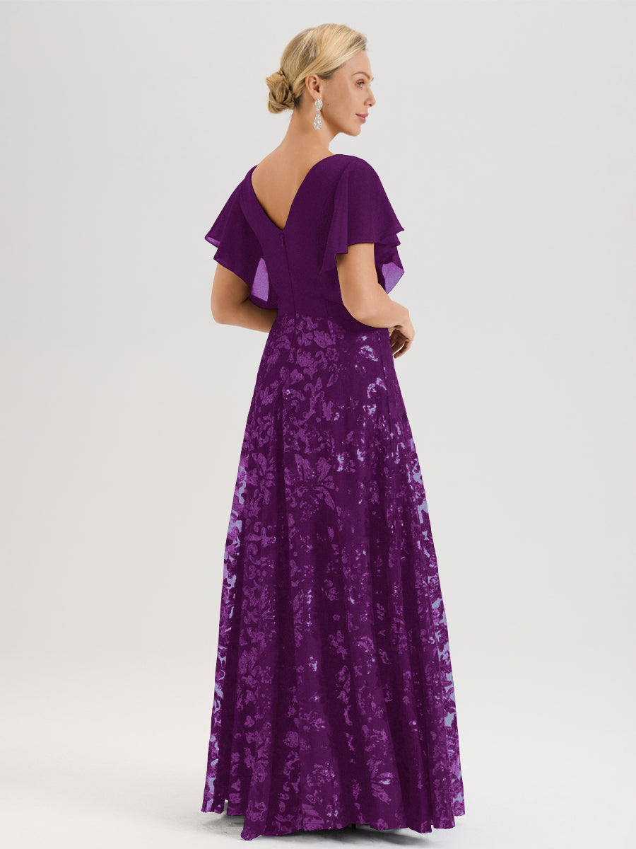 Cicinia Robe Mère De La Mariée En Raisin Longueur Au Sol En Chiffon Et Dentelle Décolleté En V À Manches Courtes Volantées Silhouette A-Line
