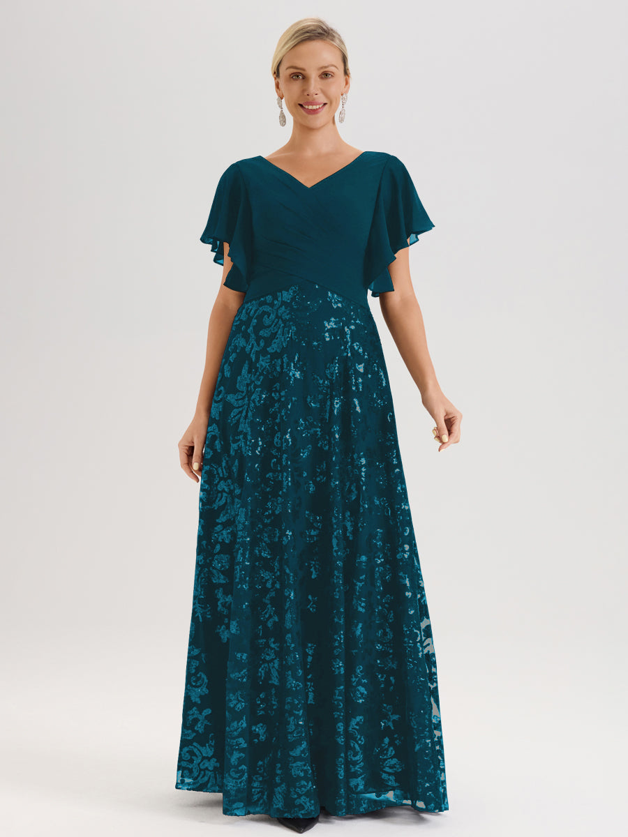 Cicinia Robe Mère De La Mariée Bleu Encre Longueur Au Sol En Chiffon Et Dentelle Décolleté En V À Manches Courtes Volantées Silhouette A-Line