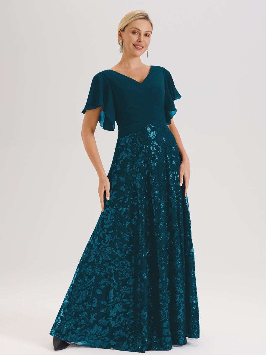 Cicinia Robe Mère De La Mariée Bleu Encre Longueur Au Sol En Chiffon Et Dentelle Décolleté En V À Manches Courtes Volantées Silhouette A-Line